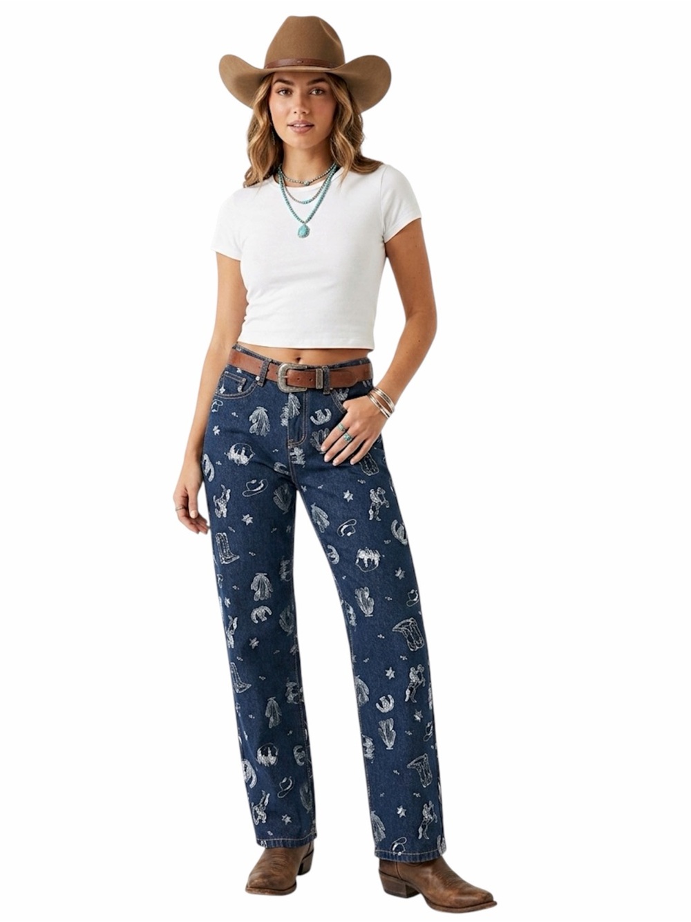 Cali 1850 country Western Cowgirl Graphic Straight Leg denim Jeans Dark Wash